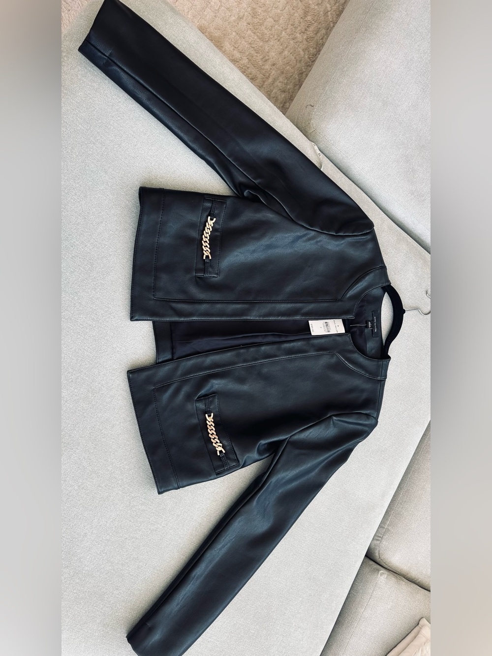 NWT Ann Taylor Black Faux Leather Jacket Gold Chain Trim Hook & Eye Size 2